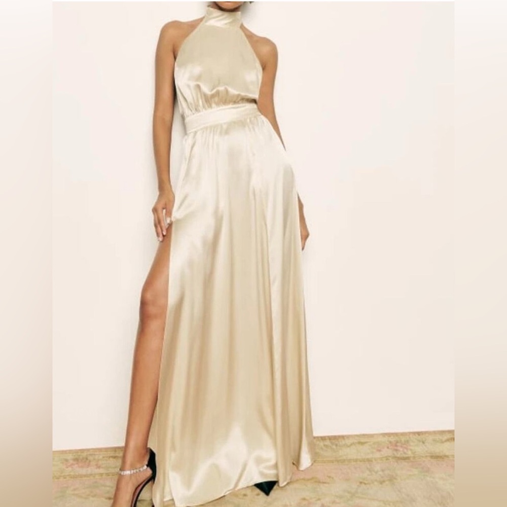 NWT Reformation Ivory Alani SILK Side Slit Backless Halter Maxi Dress size 14
